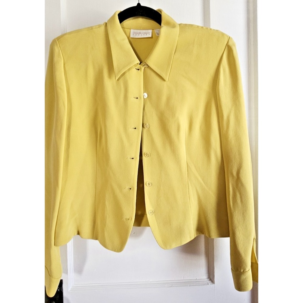 Vtg DANABUCHMAN petites yellow collared button down blazer 100% silk 8P